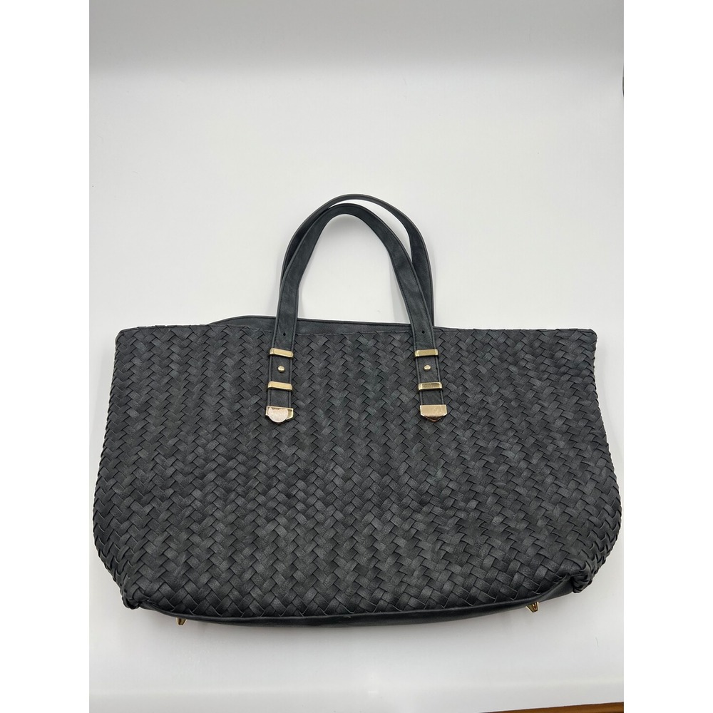 Deux Lux Vintage 90s Black Woven Genuine Leather Tote Shoulder Bag Large